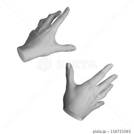 Reaching, holding something, POV, first person view, both hand sign isolated on white background 116715263