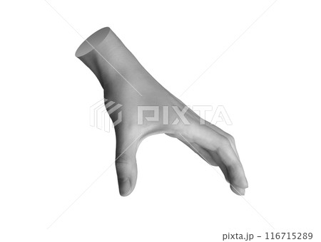 Taking and holding something invisible, empty space between two fingers, hand sign isolated on white 116715289