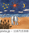 海辺で空を見上げる男女　天地創造　水彩手描き 116715308