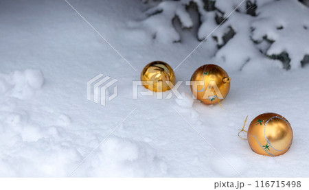 Golden Christmas tree balls in white fluffy snow by tree. Banner with copy space Golden Christmas tree balls in white fluffy snow by tree. Banner with copy space 116715498