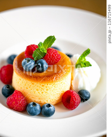 ラズベリーとブルーベリーとホイップクリームを添えたスフレケーキ ラズベリーとブルーベリーとホイップクリームを添えたスフレケーキ 116715499