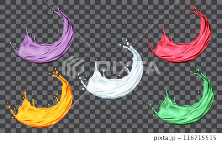 Set fo 3D vector liquid water splash color on grey checkered pattern for food and drink illustration.  116715515