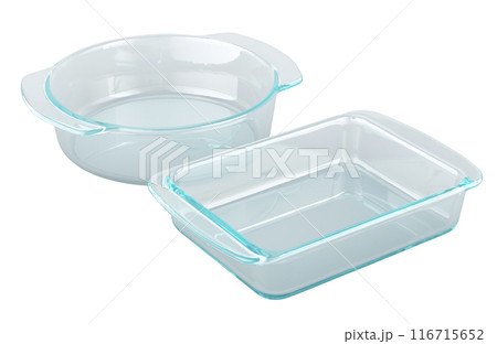 Clear Glass Baking Dishes. Round and rectangular shapes. 3D rendering Clear Glass Baking Dishes. Round and rectangular shapes. 3D rendering 116715652