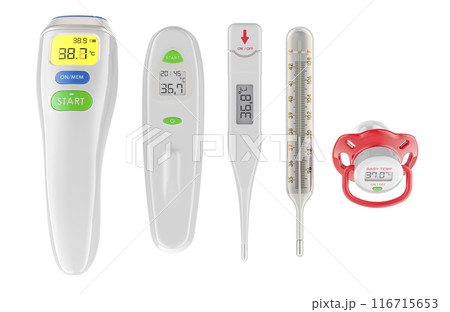 Medical thermometers, different types. Mercury, digital, infrared, ear thermometer and pacifier thermometer. 3D rendering 116715653