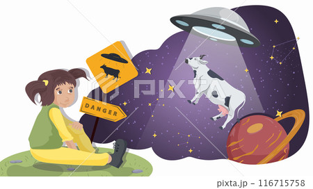 A little girl in yellow pants sits next to a warning sign on the background of a UFO that kidnaps a cow flat illustration 116715758