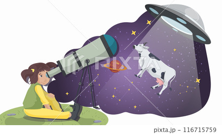 A little girl in yellow pants watches through a telescope for a UFO that kidnaps a cow flat illustration 116715759