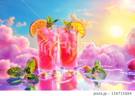 Refreshing guava and citrus fruits beverage in a glass with floral and cloudy decoration 116715884
