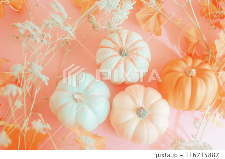 Autumn pumpkins and dried flowers background. Fall ripe harvest vegetables holiday card. Seasonal festive template in pastel colors 116715887