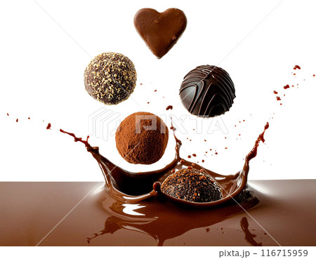 おしゃれなチョコレートがチョコレートソースの中に落ちるイメージ 白背景 おしゃれなチョコレートがチョコレートソースの中に落ちるイメージ 白背景 116715959