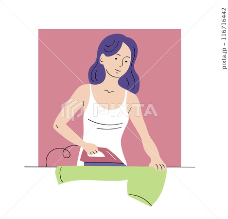 A young woman irons clothes at home A young woman irons clothes at home 116716442