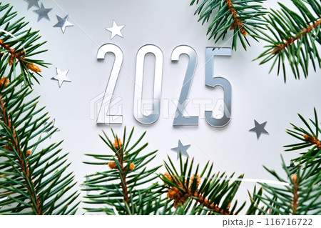 Abstract light Christmas background with stars and a Christmas tree with the year number 2025. 116716722
