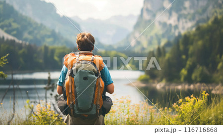 Hiker looking over a scenic lake. 116716868