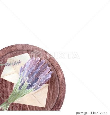 Envelopes on a wooden tray with blue tansy flowers isolated on white. Hand painted in watercolor. High quality illustration for cards, packages, essential oil, infusions, herbal tea, notebooks design 116717047
