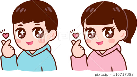 Cute boy and girl making finger heart gesture Cute boy and girl making finger heart gesture 116717388