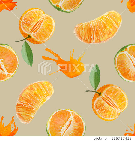 Tangerine, mandarine slice and orange color splash watercolor seamless pattern on beige, hand drawn for food design. Packages, wrapping paper, posters, cafe menu, organic food, label, logo and decor Tangerine, mandarine slice and orange color splash watercolor seamless pattern on beige, hand drawn for food design. Packages, wrapping paper, posters, cafe menu, organic food, label, logo and decor 116717413