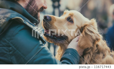 Man bonding with a golden retriever. Man bonding with a golden retriever. 116717443