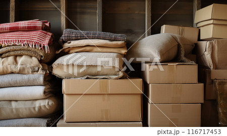 Packed boxes and blankets in storage room. 116717453