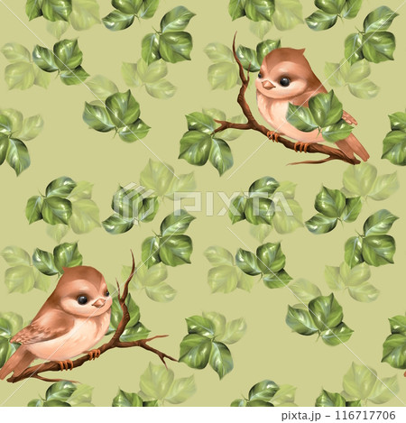 Floral seamless pattern with cute birds and green leaves. Green background. 116717706
