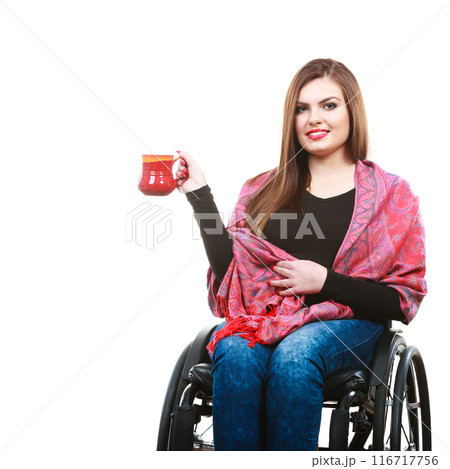 Cheerful crippled lady on wheelchair. 116717756