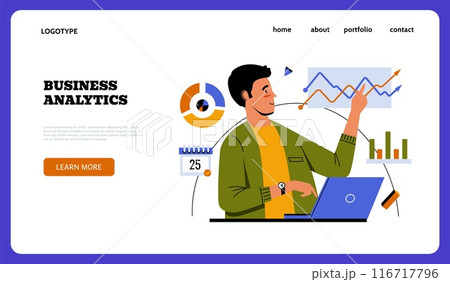 Business analytics landing page. Man showing infographic. Project diagram. Website template. Statistic information. Professional analyst. Businessman presenting charts. Vector background Business analytics landing page. Man showing infographic. Project diagram. Website template. Statistic information. Professional analyst. Businessman presenting charts. Vector background 116717796