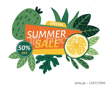 Summer sale. Tropical exotic citrus fruits and palm leaves. Special offer design. Discount banner. Label or badge. Shop advertising. Business promotion. Vector cartoon flat isolated illustration 116717800