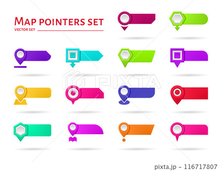 Pin icons. Map marker. 3D place mark or GPS destination point. Arrow position tag symbol. Navigation pointer. Trip location button. Journey direction. Vector geolocation symbols set Pin icons. Map marker. 3D place mark or GPS destination point. Arrow position tag symbol. Navigation pointer. Trip location button. Journey direction. Vector geolocation symbols set 116717807