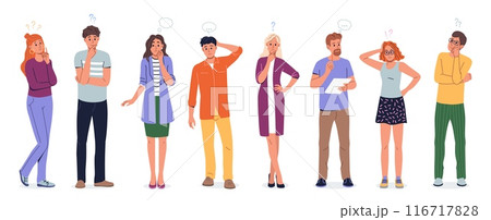 People think. Woman and man decision, cartoon flat person girl and boy character reflect problem trouble, idea choice or different consider. Confused thinking male and female vector isolated set 116717828