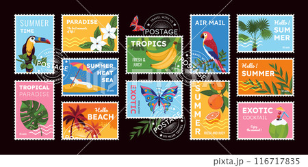 Summer stamps. Tropical beach travel. Postal stickers and seals. Exotic fruits. Palm plant leaves. Vacation in Hawaii. Jungle animals and birds. Sea tourism. Vector postmarks composition 116717835