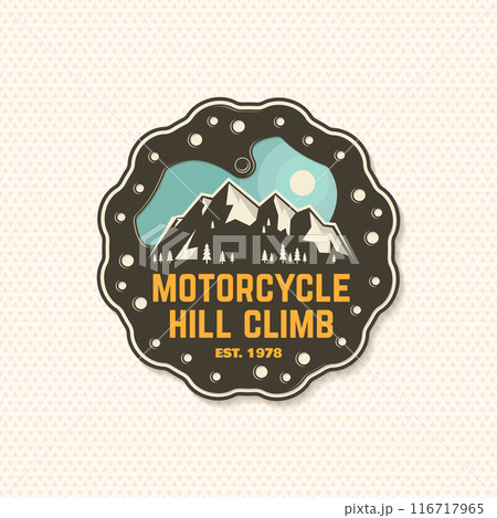 Motorcycle hill climb logo, badge, sticker. Vector illustration. Extreme sport with brake disc in mountains. 116717965