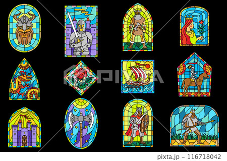 Set of Medieval colorful stained glass window. Colored gothic mosaic decoration for interior. Vector illustration. Vikings, knights, princess, rose, dragon 116718042
