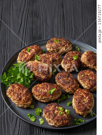frikadeller, danish meatballs on a plate, top view frikadeller, danish meatballs on a plate, top view 116718277