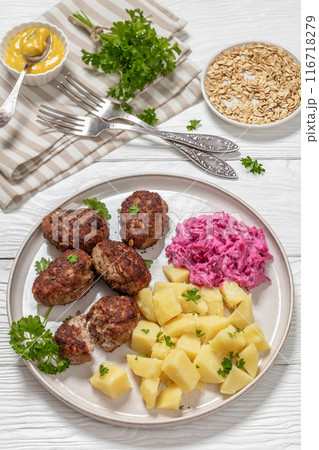 frikadeller, danish meatballs on a plate, top view frikadeller, danish meatballs on a plate, top view 116718279