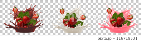 Three different strawberry splashes with chocolate, yogurt and milk. Ripe strawberries in splashes without background Three different strawberry splashes with chocolate, yogurt and milk. Ripe strawberries in splashes without background 116718331