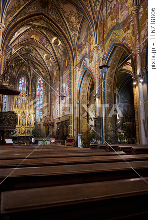 Interior of Basilica of St. Peter and St. Paul, neo-Gothic church in Vysehrad fortress in Prague, Czech Republic 116718806