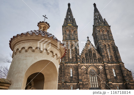 Basilica of St. Peter and St. Paul, neo-Gothic church in Vysehrad fortress in Prague, Czech Republic 116718814
