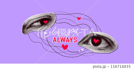 Love art collage vector illustration. Halftone texture eyes two different people look to each other with love. Love you always text quote at the center 116718835