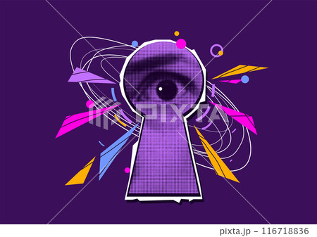Female eye look out of keyhole vector illustration. Access and vision concept on dark purple backdrop. Contemporary art collage, concept design. Gossip background 116718836