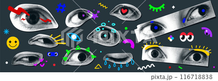 Art eyes sticker vector illustration. Retro halftone texture eye collage with cartoon elements. Different emotion happy, tear, fear, love, surprise. Contemporary trendy template design 116718838
