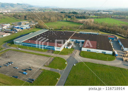 Aerial view of new factory building for producing and shipping of industrial equipment 116718914