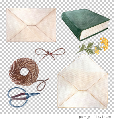 Envelope close and open, scissors, jute rope, tansy, book watercolor set isolated on white. Hand drawn high quality art. Simple style illustration for stationary, cards, notebooks and packages design 116718986