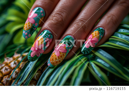Close-up of a hand with vibrant tropical-themed nail art featuring pineapples and flowers 116719155