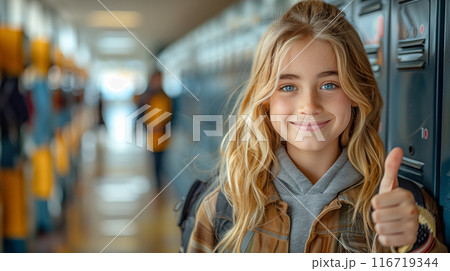 Cute Caucasian School Girl Giving a Thumbs Up in the Hallway of Her School. Generative AI. 116719344