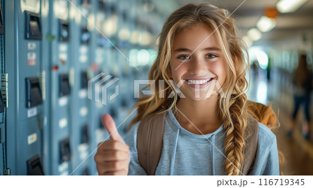 Cute Caucasian School Girl Giving a Thumbs Up in the Hallway of Her School. Generative AI. 116719345
