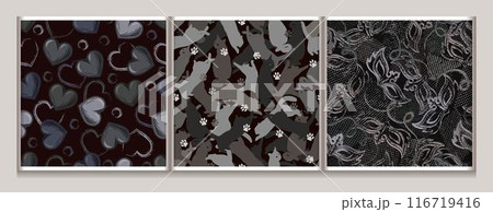 Gray camo patterns with silhouettes of cats, hearts, head carnival masks. Dense composition with overlapping elements. For apparel, fabric, textile, sport goods design 116719416