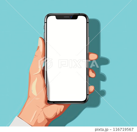 A hand is holding a cell phone with a white screen displaying information 116719567