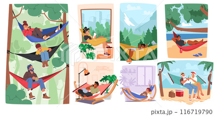 People Relaxing In Hammocks In Diverse Environments Including Forests, Beaches, Mountains, And Indoor Spaces People Relaxing In Hammocks In Diverse Environments Including Forests, Beaches, Mountains, And Indoor Spaces 116719790