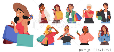 Diverse Women Enjoying Shopping, Holding Credit Cards And Shopping Bags. Cartoon Vector Image Showcases Happiness 116719791
