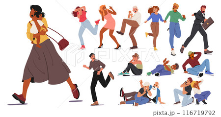 Diverse Group Of People Expressing Fear And Anxiety In Various Situations. Includes Men And Women Reacting With Terror 116719792