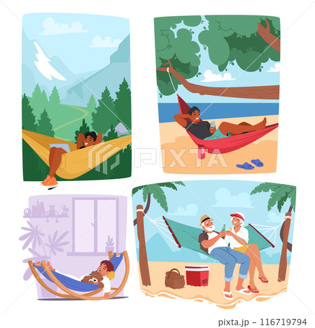 People Enjoying Their Time In Hammocks In Different Environments Such As Mountains, Beach And Home, Vector Image 116719794