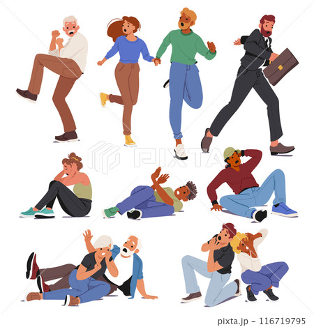 Diverse Group Of People Displaying Fear And Anxiety. Characters Exhibit Varying Reactions To Frightening Situations 116719795